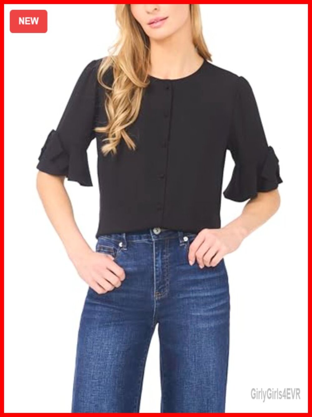 CeCe Flounce Elbow Bow Sleeve Button-Down Top